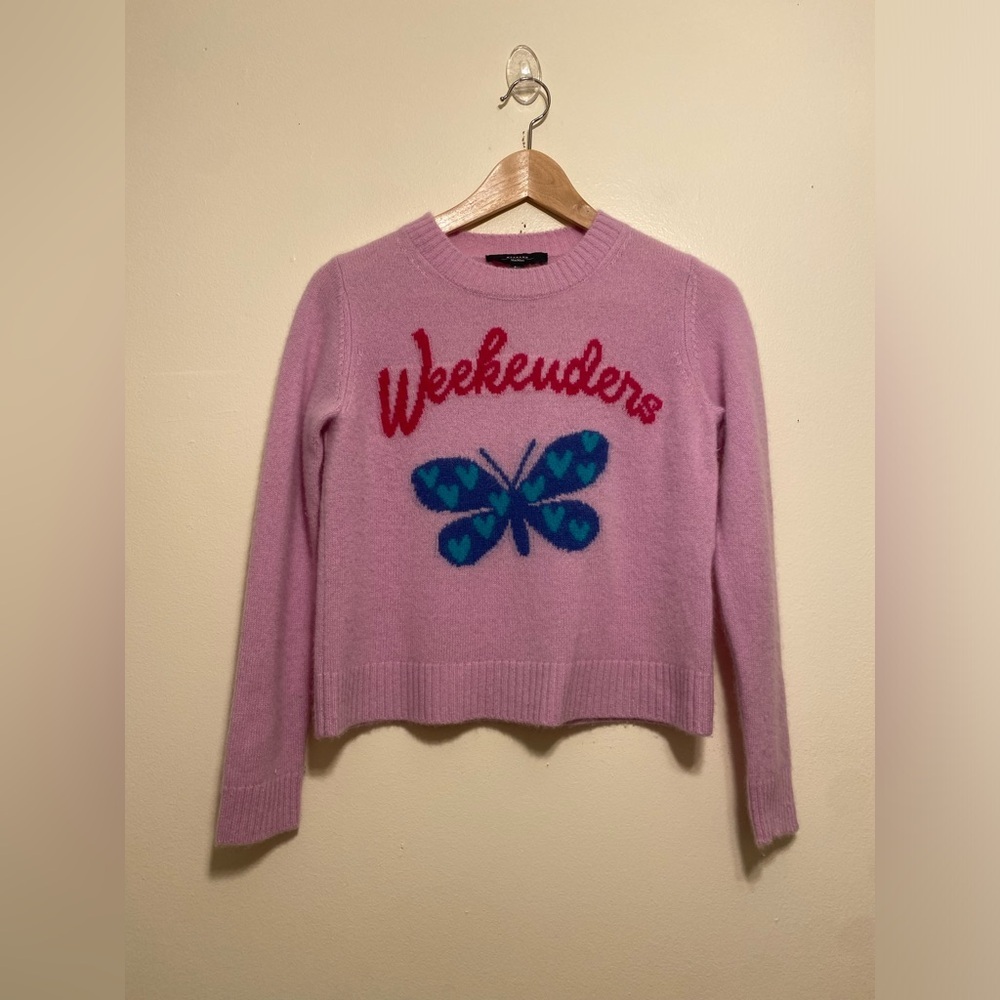MaxMara Weekend Pink Crewneck Sweater with Red Script and Butterfly. Size XS